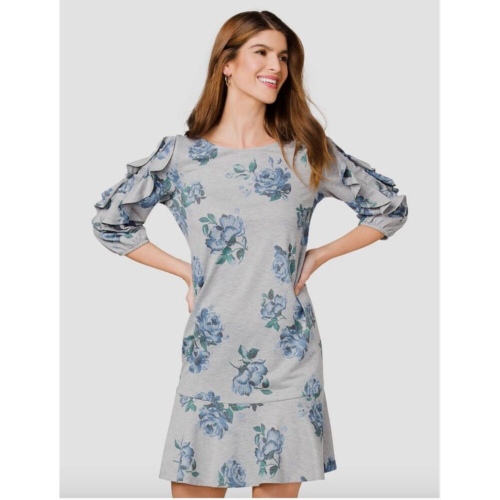 Size 1X 16 FLORAL PRINT TERRY RUFFLED SLEEVE SHIFT DRESS Comfortable PLUS SIZE